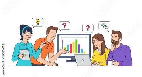Business people discussing data on computer screen with graphs
