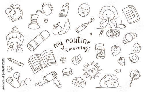 Hand Drawn Morning Routine Doodle Set, Cute Daily Self Care Elements, Cozy Lifestyle Outline Vector Collection
