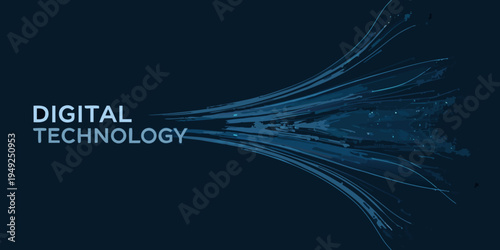 Abstract digital technology background with flowing lines and bright particles