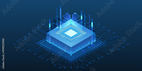 Abstract geometric representation of a futuristic microchip with glowing blue lines