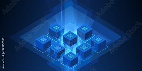 Abstract blue isometric design of interconnected data blocks and networks