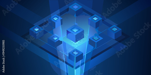 Abstract geometric arrangement of glowing blue cubes and lines