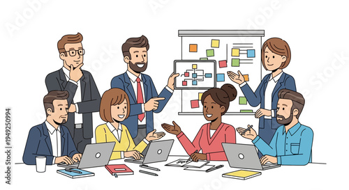 Diverse group of business people collaborating on a project with laptops and a flowchart