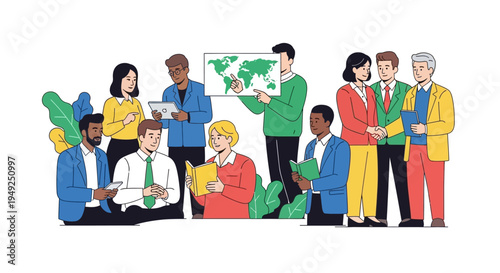 Diverse group of people in business casual clothing collaborating and working together