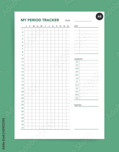 Period Tracker Template, Yearly Menstrual Cycle Log, Printable A5 Symptom and Length Planner
