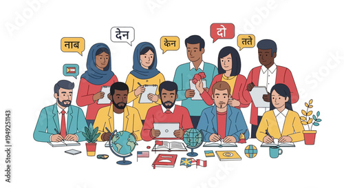 Diverse group of people learning languages together in a classroom setting with speech bubbles