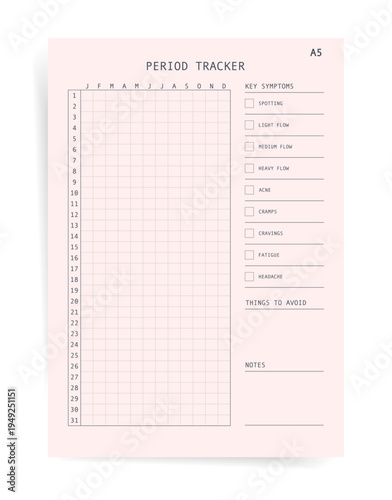 Woman Calendar, Period Tracker Chart, Printable A5 Menstrual Cycle Calendar, Symptom Log and Notes Template
