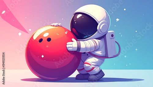 Cute astronaut holding a bowling ball in space