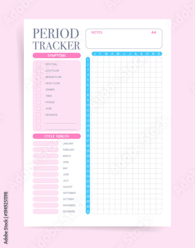 Woman Calendar Template, Period Tracker Design, Printable A4 Menstrual Cycle Log Diary with Symptoms and Cycle Length
