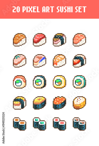 Pixel Art Sushi Icons Collection. 8 Bit Retro Japanese Food Illustration Set with Nigiri, Maki, Roll and Gunkan Sushi for Game Assets, Menu, Sticker and Mobile Design
