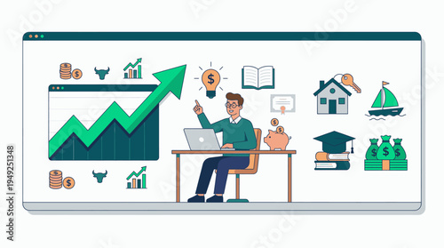 Man Working on Computer with Financial Growth and Investment Icons