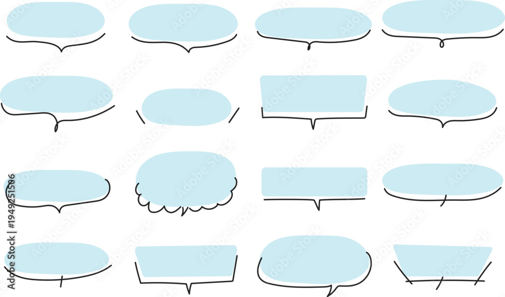 Fototapeta premium 手書き風のシンプルな吹き出しセット 青 フレーム コメント枠 イラスト素材