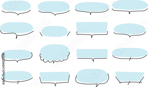 手書き風のシンプルな吹き出しセット　青　フレーム　コメント枠　イラスト素材