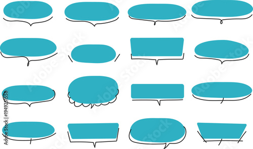 手書き風のシンプルな吹き出しセット　青　フレーム　コメント枠　イラスト素材