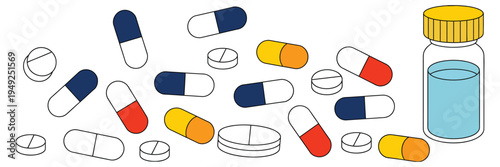 Medicine and pills illustration with capsules and tablets, healthcare pharmaceutical medication vector design showing drug pills for pharmacy services, medical treatment concept and wellness graphics.