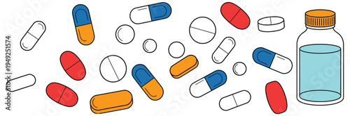 Medicine and pills with capsules and tablets, pharmaceutical medication concept vector design isolated on transparent background, healthcare treatment drugs collection for pharmacy medica