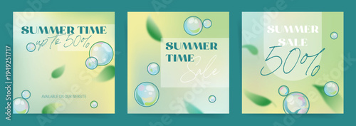 Summer Sale Social Media Banner Set with Bubbles, Soft Leaves and Pastel Gradient Backgrounds
