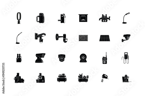 Commercial Kitchen and Professional Catering Appliance Silhouettes Including Deep Fryer Panini Press Waffle Maker Drink Dispenser and Tactical Vest Gear