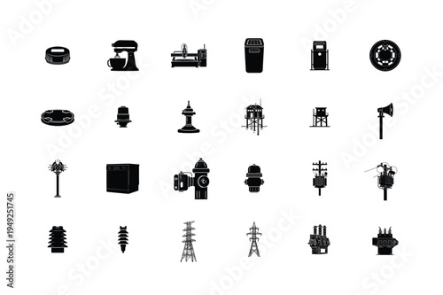 Climate Control Icon Set Featuring Server Rack Network Switch Humidifier Air Purifier Media Player and Industrial Power Strip Silhouettes