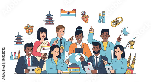 Diverse group of people from different cultures pointing to a globe with various symbols