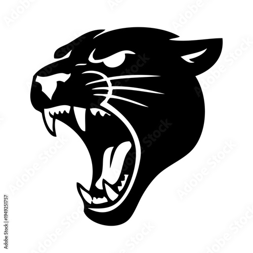 Logotipo con dibujo sencillo de la cabeza de una pantera enojada vista de perfil, con la boca abierta enseñando los colmillos 