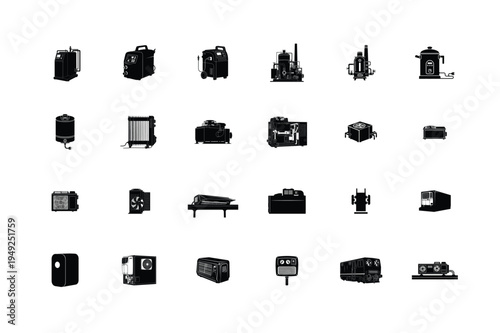 Comprehensive Industrial Power and Renewable Energy Equipment Silhouette Set Including Jet Turbine Engine, Wind Turbine, Industrial Cyclones, Solar Panel Trackers, Power Inverters, Solar