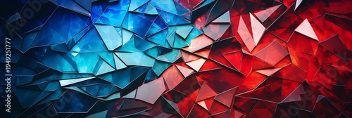 Geometric abstract illustration with blue and red hues, divided in half and resembling shattered glass or crystals. An artistic and modern design with vibrant colors and sharp angles