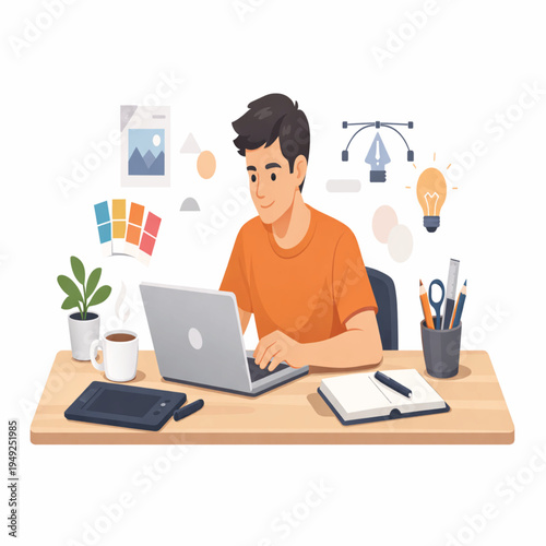 Creative Designer Working on Laptop – Remote Work and Digital Design Illustration