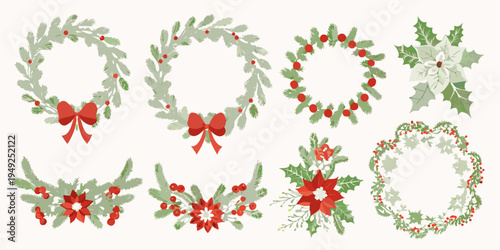 Assorted christmas wreaths and holly sprigs with red berry accents