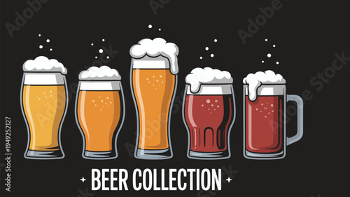 beer collection banner featuring a wide variety of elegant glasses filled with refreshing golden ale and cold lager, isolated on a clean background.