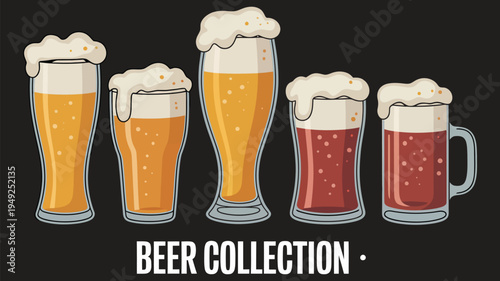 beer collection banner featuring a wide variety of elegant glasses filled with refreshing golden ale and cold lager, isolated on a clean background.