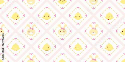 Seamless pattern with pastel bunnies and chicks in diamond shapes