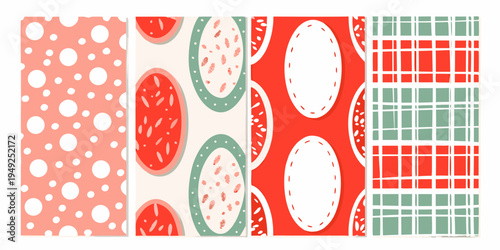 A collection of colorful patterned rectangles in red green and white