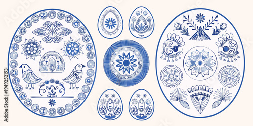 Collection of blue and white patterned oval plates and decorative designs