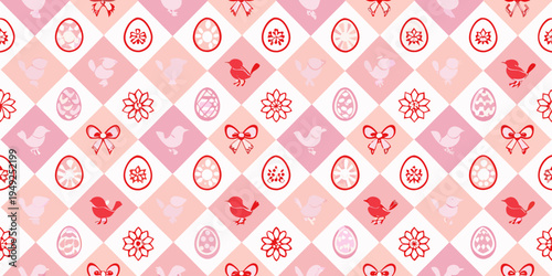 Pastel pink seamless pattern with easter eggs birds and floral motifs