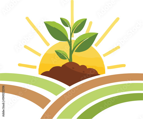 Vibrant green seedling plant thriving in rich soil under a bright, rising sun, symbolizing growth, new beginnings, sustainability, and fertile agricultural land for a prosperous future