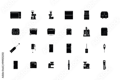 Hi Fi Audio and Home Connectivity Silhouettes Including Vacuum Tube Amplifier Floor Speaker Wall Mount Router Smart Door Lock and Outdoor Speaker Gear