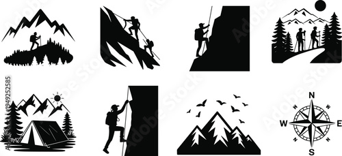 Silhouettes of hikers, climbers, tent, compass, and mountain landscapes representing outdoor adventure, camping, navigation, exploration, wilderness, and nature activities