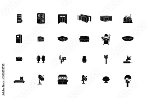 Industrial Factory Automation and Precision Manufacturing Machinery Silhouettes Collection Featuring Cnc Milling Machines, Plastic Injection Molder, Assembly Line Conveyor, Robotic Work