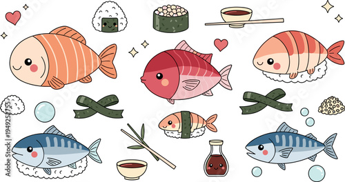 Cute Sushi and Fish Cartoon Vector Set with Salmon, Tuna, Rice, Chopsticks, Soy Sauce and Japanese Food Elements for Menu, Sticker, and Packaging Design