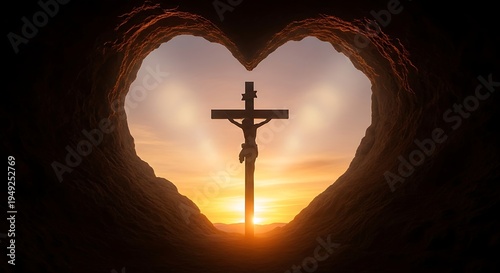 Easter sunday symbolism jesus christ crucifixion on cross at heart shaped archway during vibrant sunset