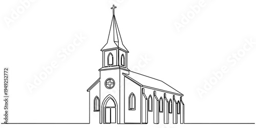 Continuous One Line Drawing of Christian Church Building with Steeple