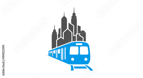 Blue Train in Front Cityscape.