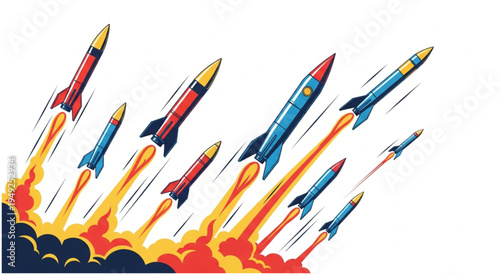 Cartoon Rockets Launching into Space with Fiery Trails.