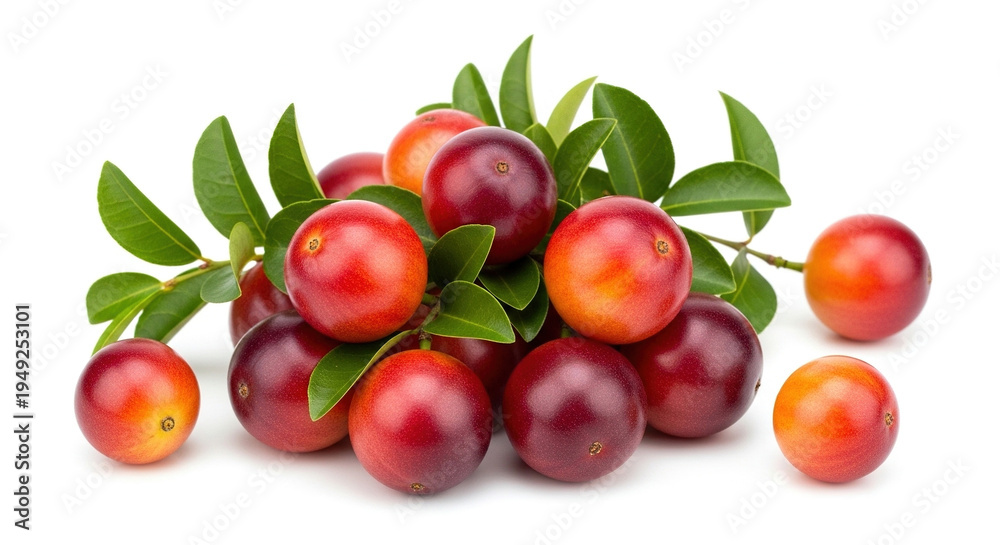 Obraz premium Vibrant pile of loquats with green leaves on white background