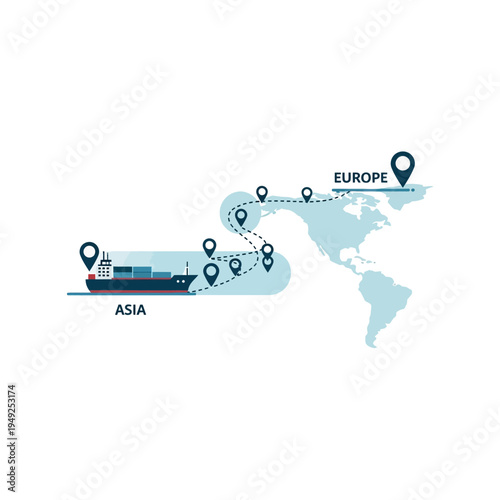 Global shipping route from Asia to Europe with cargo ship and map.