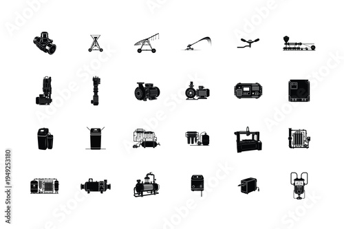 Logistics and Industrial Machinery Silhouettes Including Forklift Pallet Jack Golf Cart Scissor Lift Motorcycle Factory Plant and Metalworking Cnc Lathe