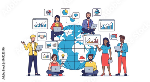 Diverse group of people working with laptops and analyzing data around the globe