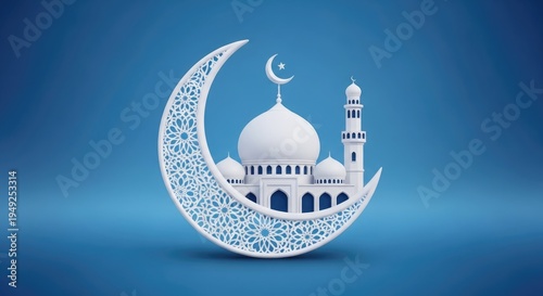 A white mosque and crescent moon on a blue background