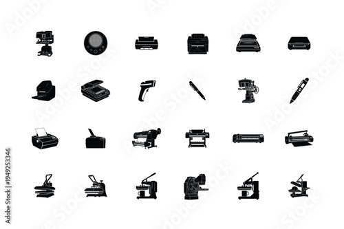 Merchandise Production and Commercial Printing Silhouettes Featuring Heat Press Vinyl Cutter Laminator Punch Press Atm and Document Sorting Machine